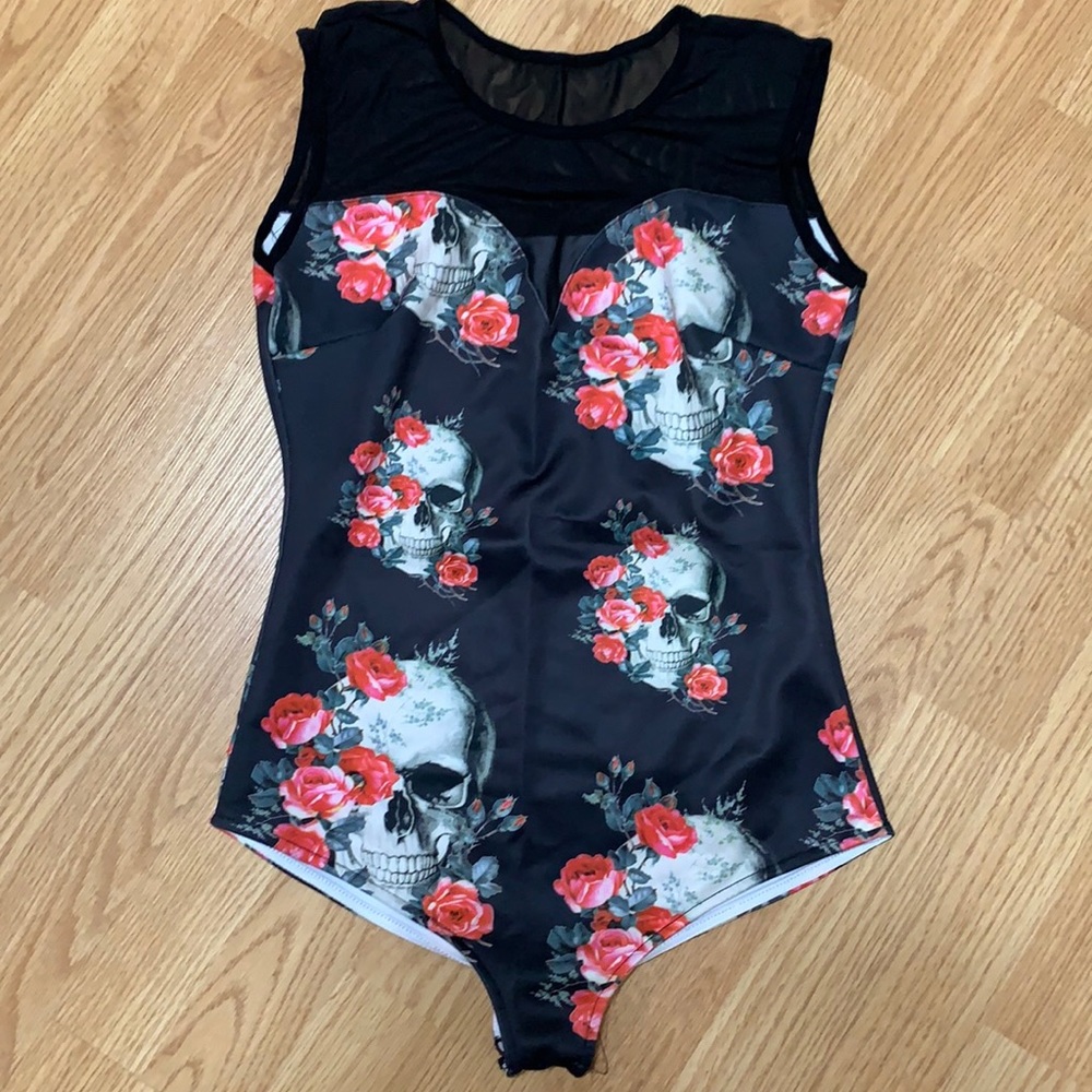 Spandex/Mesh Rose and Skull Printed body suit